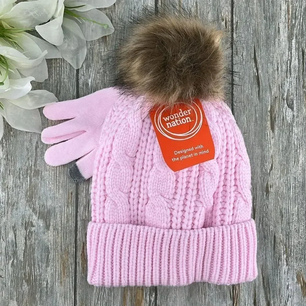 Girls Pom Pom Hat and Gloves Winter Set, 2-Piece Set